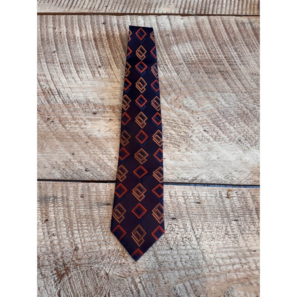 Alberto Armani 100%‎ Silk Handmade Geometric Necktie Navy Blue Orange Designer